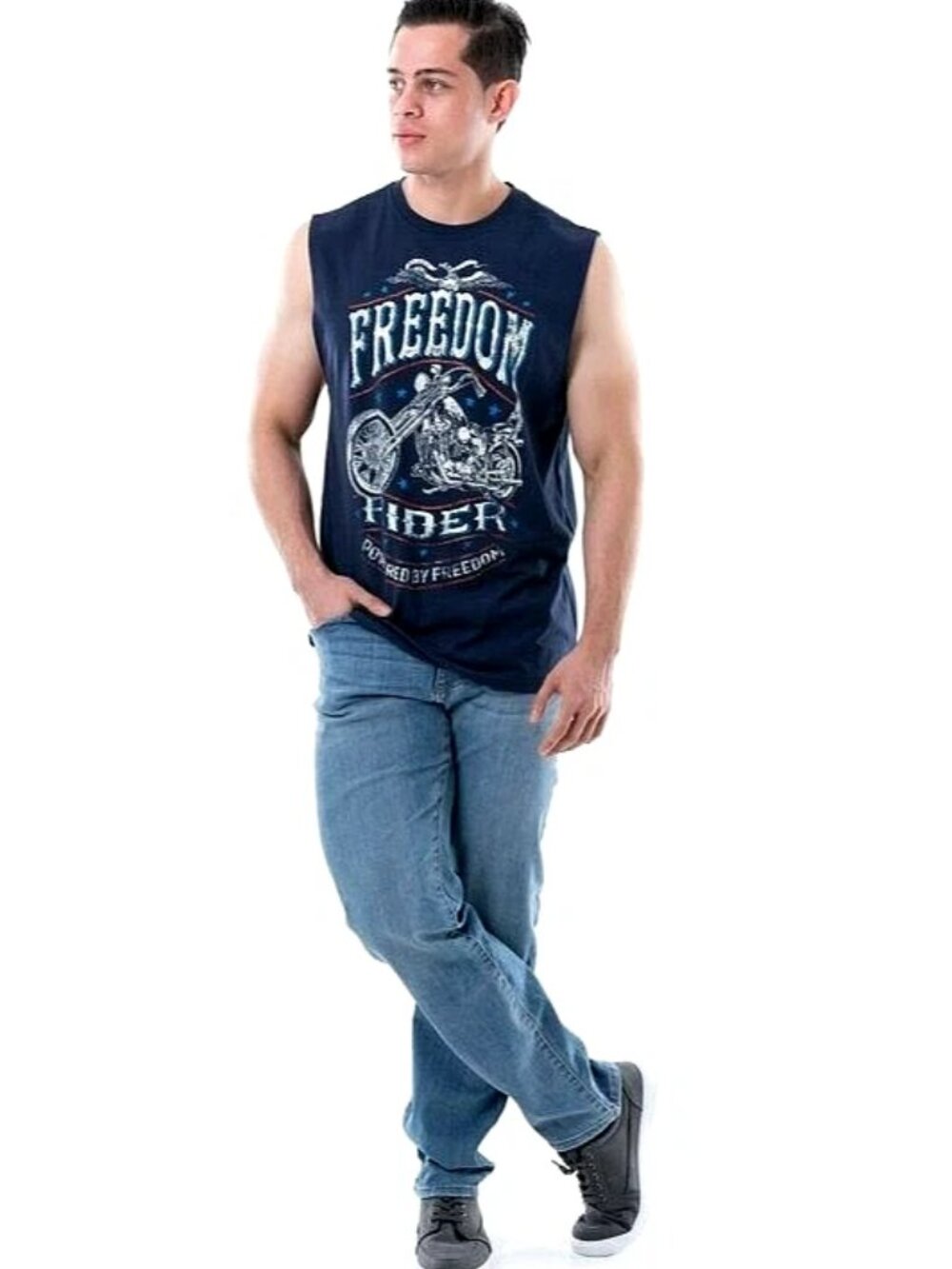 Freedom Rider Graphic Motorcycle Muscle T-Shirt Navy Blue Men XL
